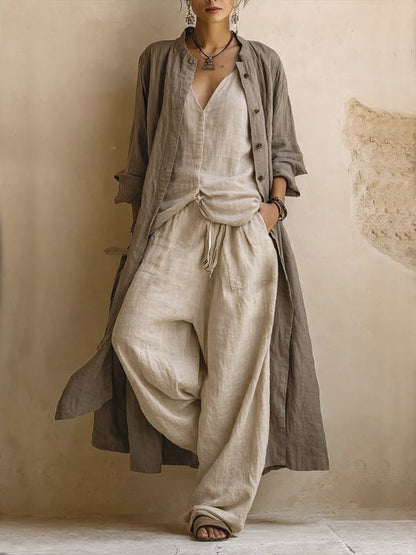 Donatella | Conjunto de tres piezas casual en lino y algodón: cárdigan largo, top sin mangas y pantalón estilo bohemio