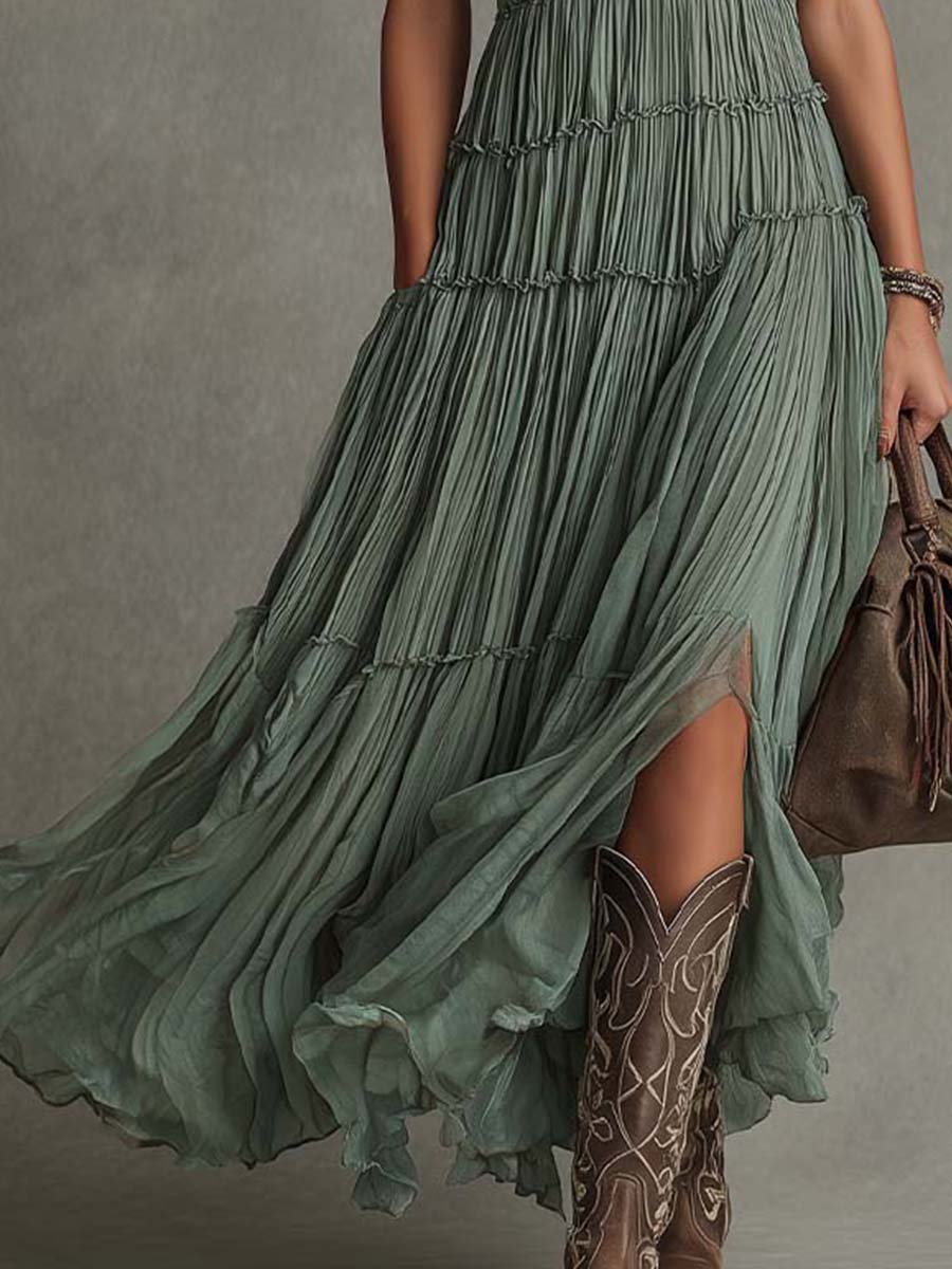 Rosalía | Vestido Maxi Plisado de Gasa Bohemio