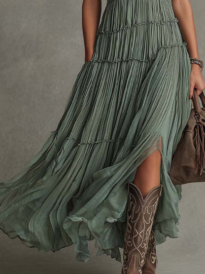 Rosalía | Vestido Maxi Plisado de Gasa Bohemio