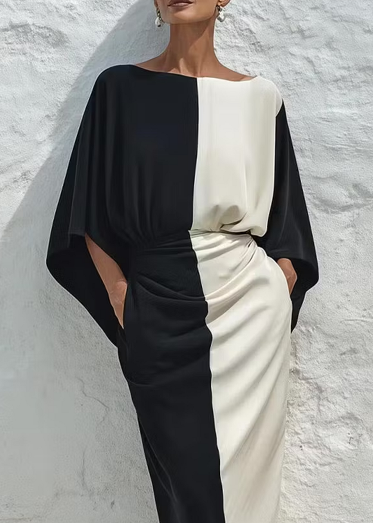 Conjunto de Dos Piezas con Top y Falda Midi en Contraste Blanco y Negro