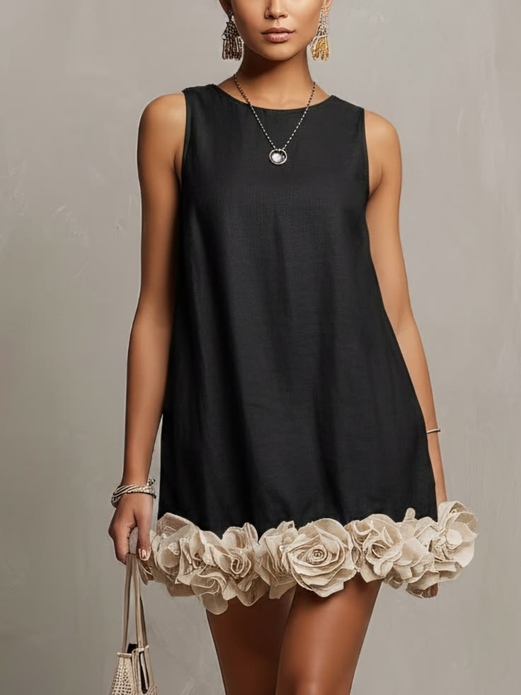Vestido Mini Largo Sin Mangas con Detalles de Flor 3D