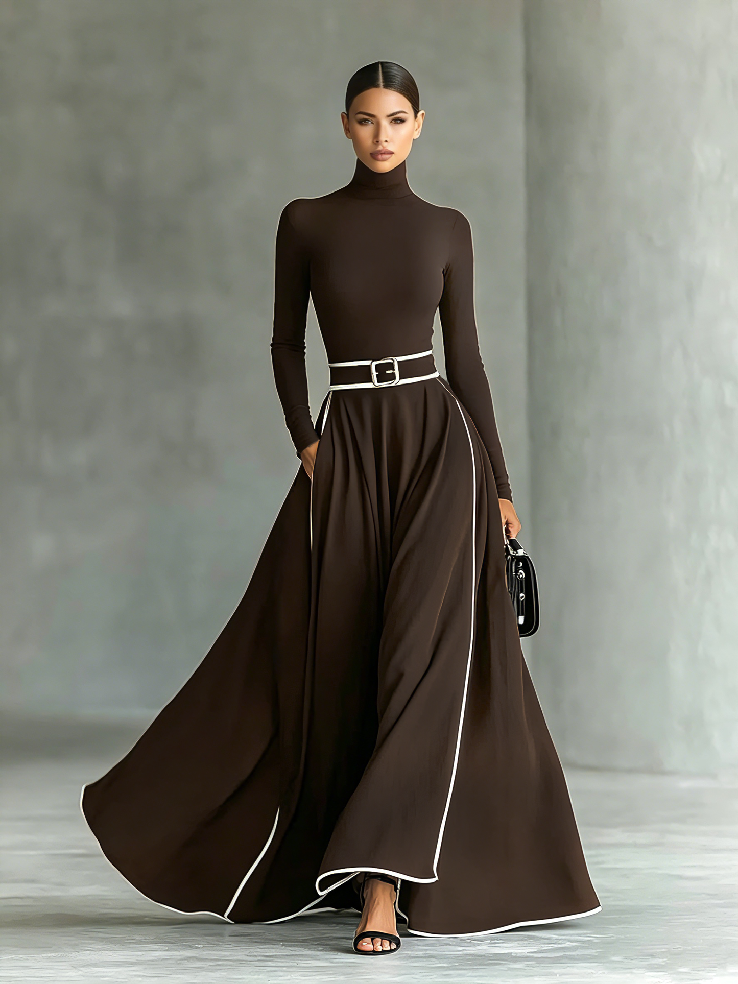 Vestido Maxi Negro con Costuras Blancas, Cuello Alto, Manga Larga y Cintura Entallada