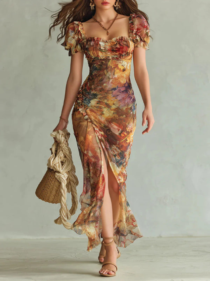 Vestido Maxi Elegante con Escote Cuadrado, Manga Corta y Rayas Florales