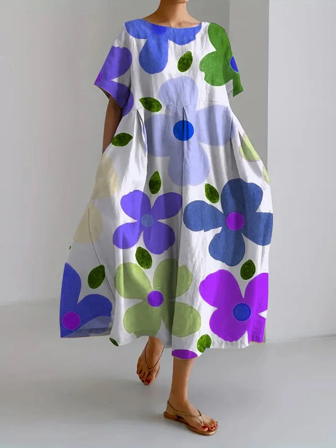 Vestido Floral de Verano Blanco Lino con Manga de Volante
