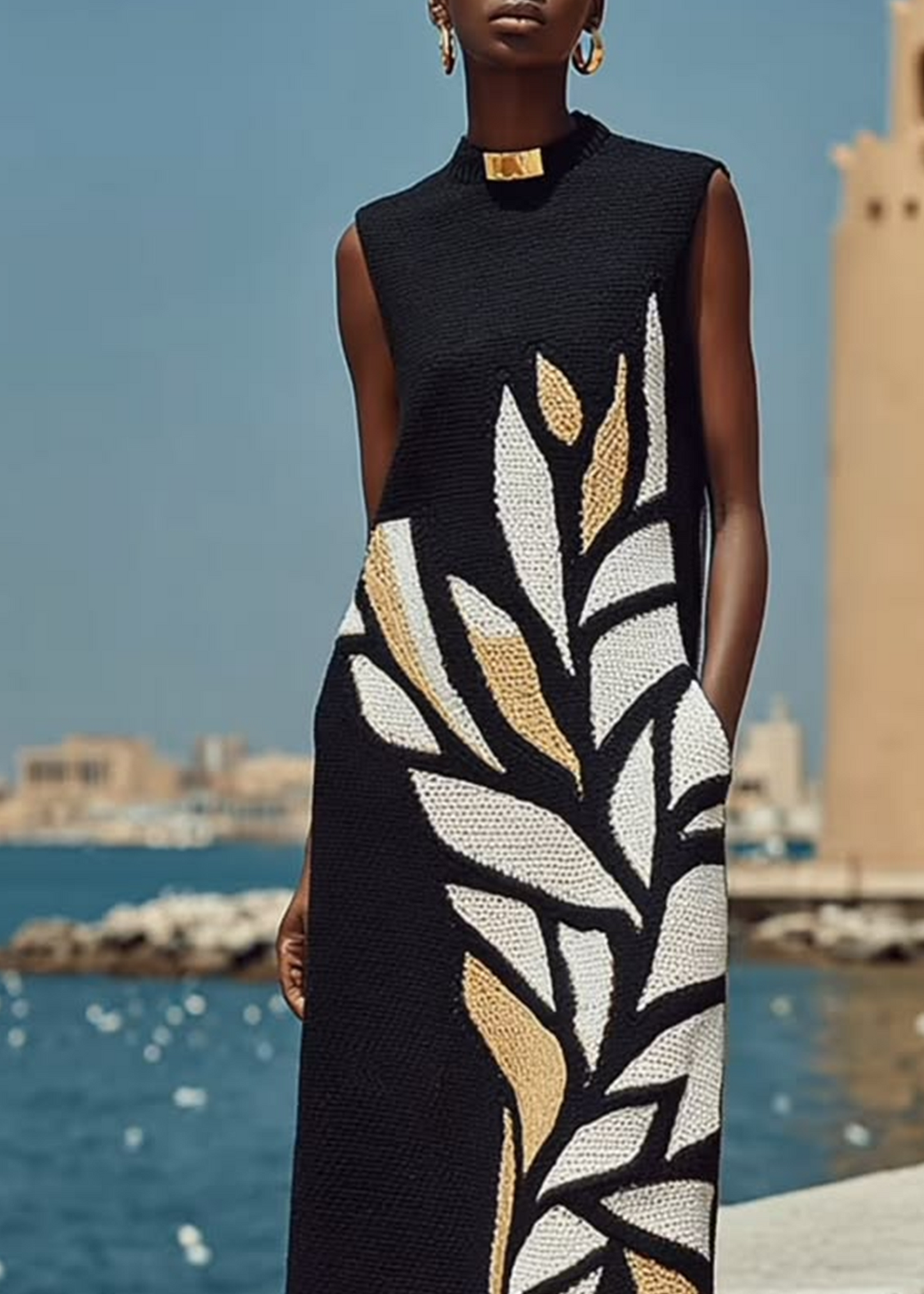Vestido Midi Negro Sin Mangas Estampado, Largo