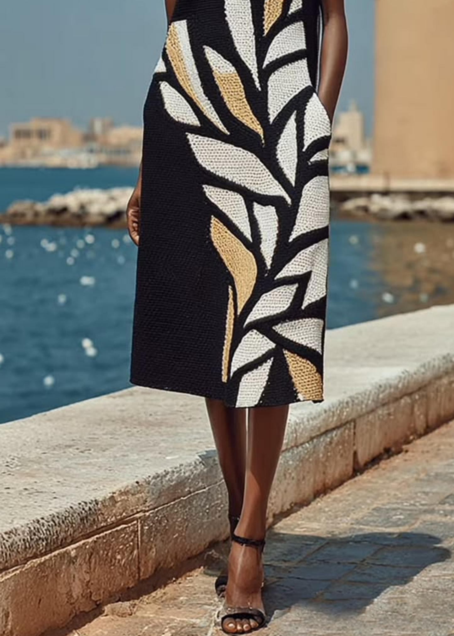 Vestido Midi Negro Sin Mangas Estampado, Largo