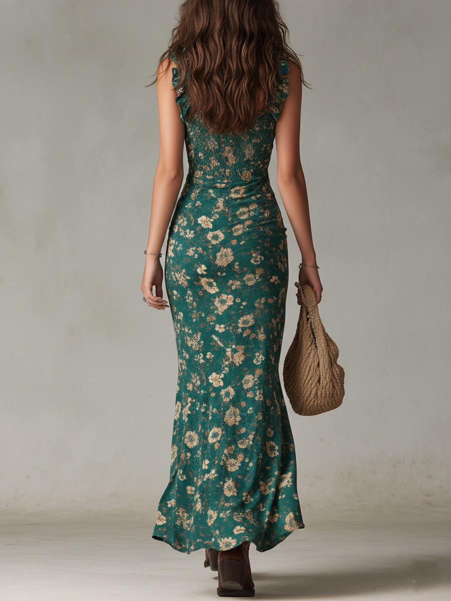 Zara | Vestido maxi boho retro con mangas fruncidas y abertura alta