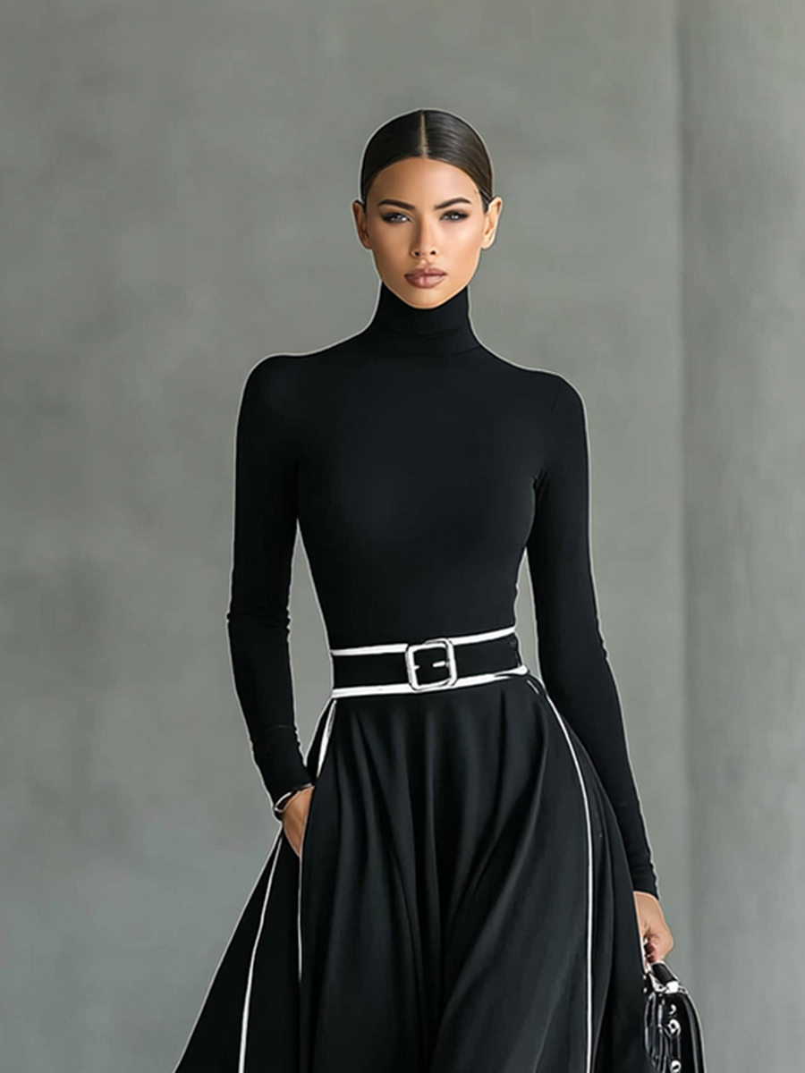 Vestido Maxi Negro con Costuras Blancas, Cuello Alto, Manga Larga y Cintura Entallada