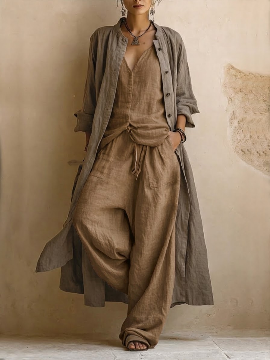 Donatella | Conjunto de tres piezas casual en lino y algodón: cárdigan largo, top sin mangas y pantalón estilo bohemio