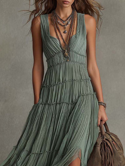 Rosalía | Vestido Maxi Plisado de Gasa Bohemio