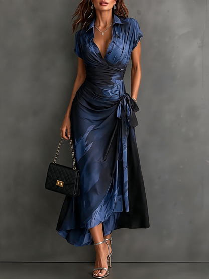 Vestido Midi Cruzado Abstracto Rojo y Negro con Cuello Camisero, Escote en V, Manga Corta, Cintura Anudada y Bajo Asimétrico con Volante