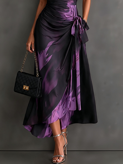 Vestido Midi Cruzado Abstracto Rojo y Negro con Cuello Camisero, Escote en V, Manga Corta, Cintura Anudada y Bajo Asimétrico con Volante