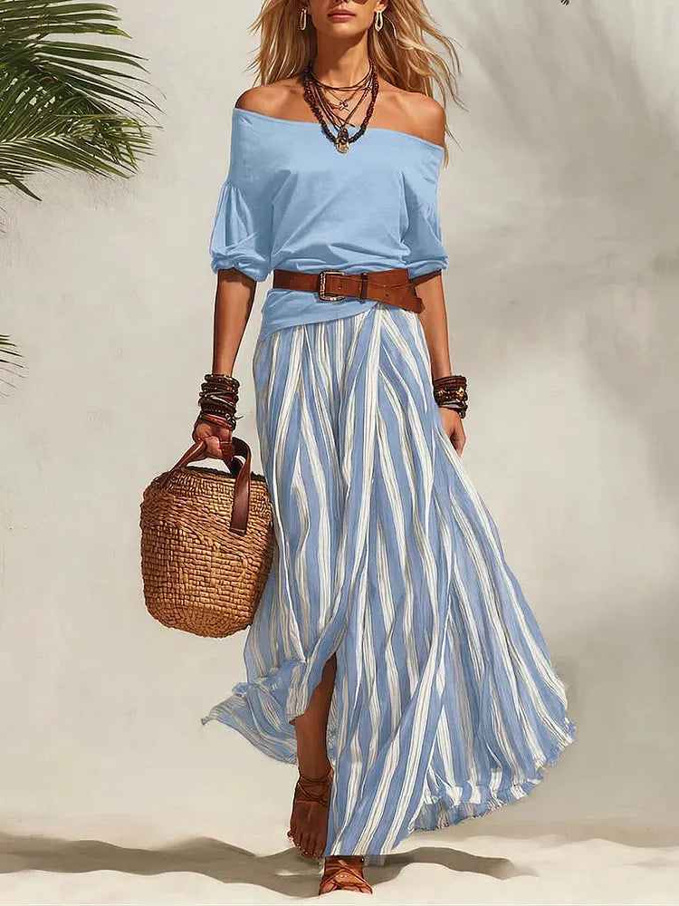 Serena | Conjunto de Algodón con Top de Hombros Descubiertos y Falda de Talle Alto