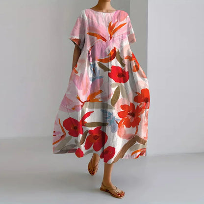 Vestido Floral de Verano Rojo Coral con Manga Abullonada