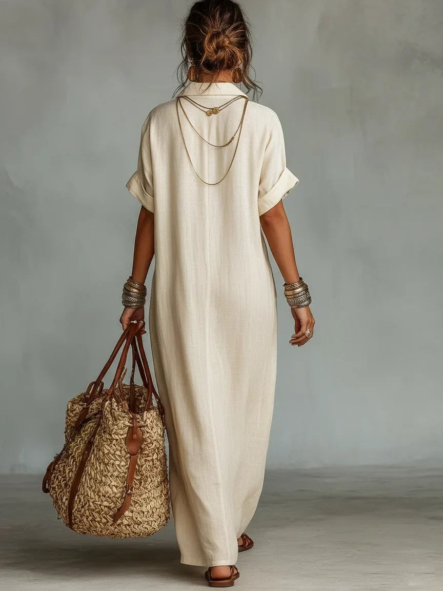 Ginevra | Vestido Camisero Maxi de Lino Bordado