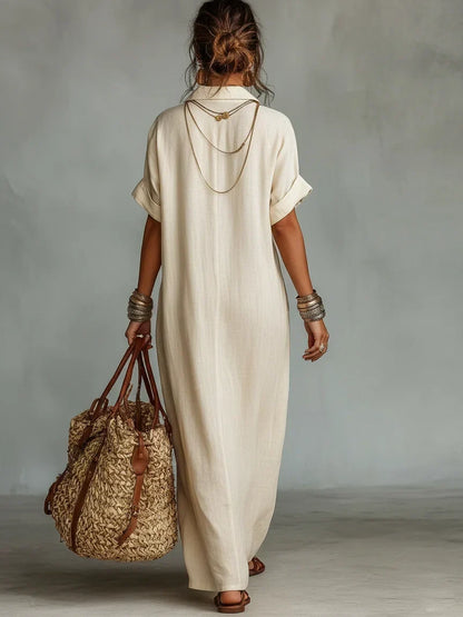 Ginevra | Vestido Camisero Maxi de Lino Bordado