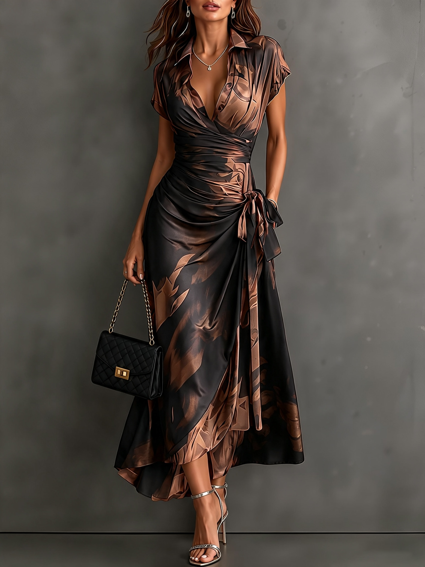 Vestido Midi Cruzado Abstracto Rojo y Negro con Cuello Camisero, Escote en V, Manga Corta, Cintura Anudada y Bajo Asimétrico con Volante