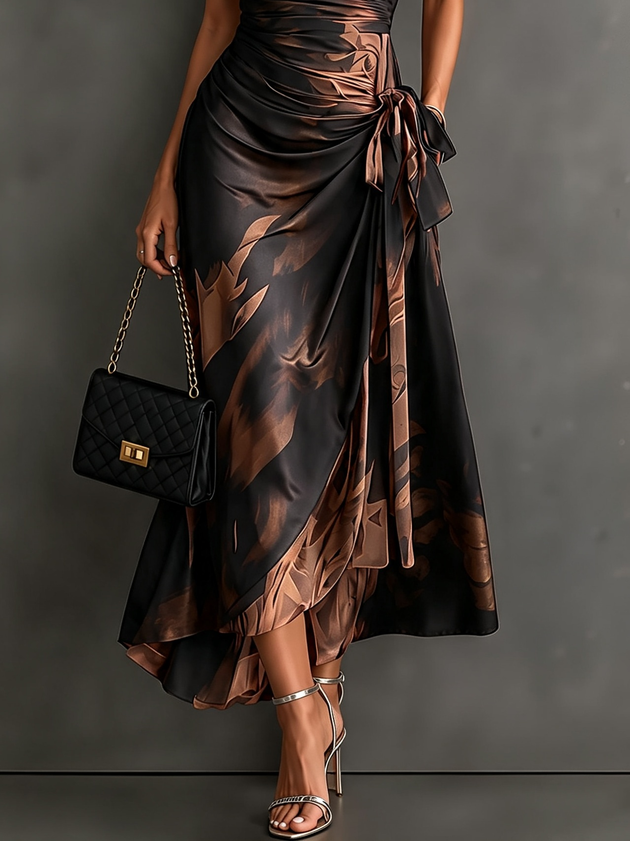 Vestido Midi Cruzado Abstracto Rojo y Negro con Cuello Camisero, Escote en V, Manga Corta, Cintura Anudada y Bajo Asimétrico con Volante