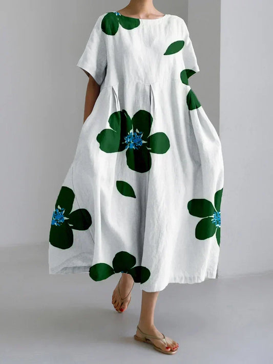 Vestido Floral de Verano Verde Oliva con Manga Abullonada