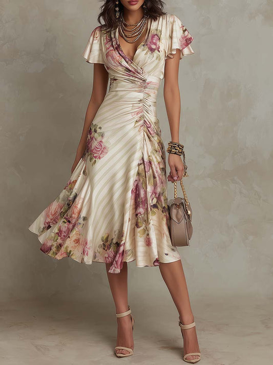 Alba | Vestido midi de satén floral elegante, estilo retro