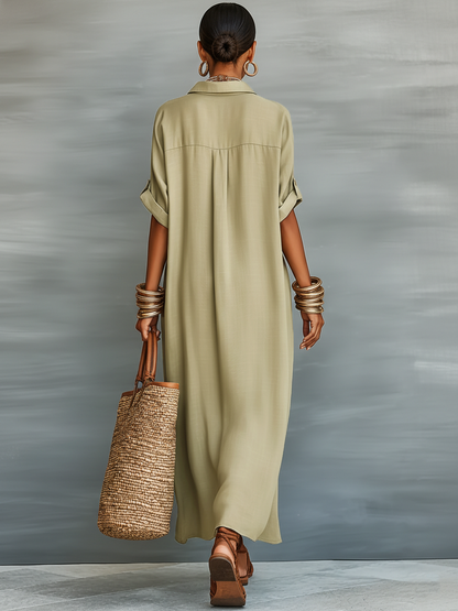 Vestido largo de mujer en mezcla de lino, estilo camisero, de manga corta y corte minimalista