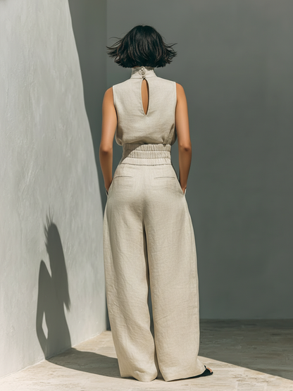 María | Conjunto minimalista de mujer en algodón y lino, con top y pantalón ancho