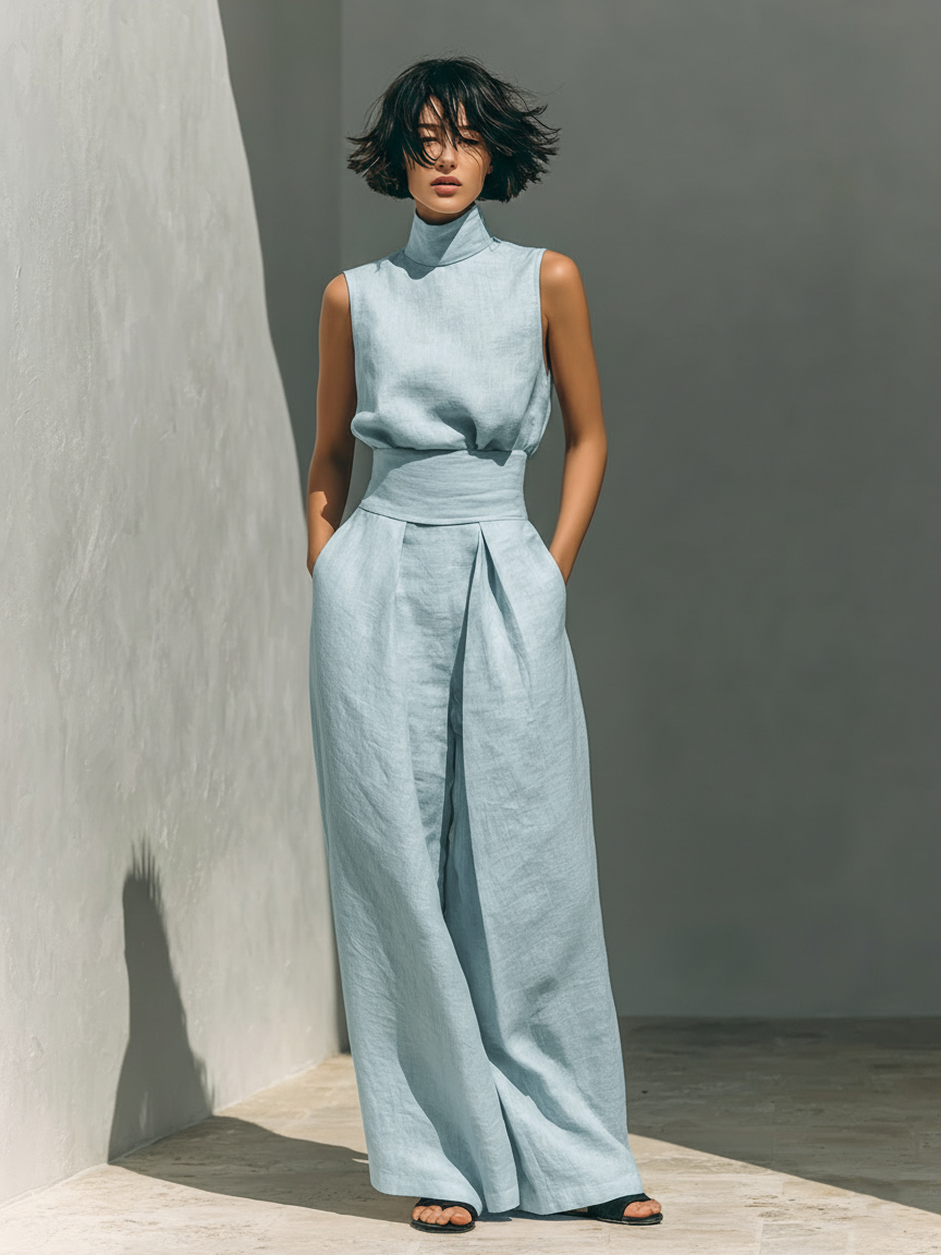 María | Conjunto minimalista de mujer en algodón y lino, con top y pantalón ancho