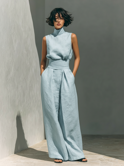 María | Conjunto minimalista de mujer en algodón y lino, con top y pantalón ancho