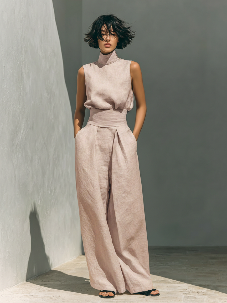 María | Conjunto minimalista de mujer en algodón y lino, con top y pantalón ancho