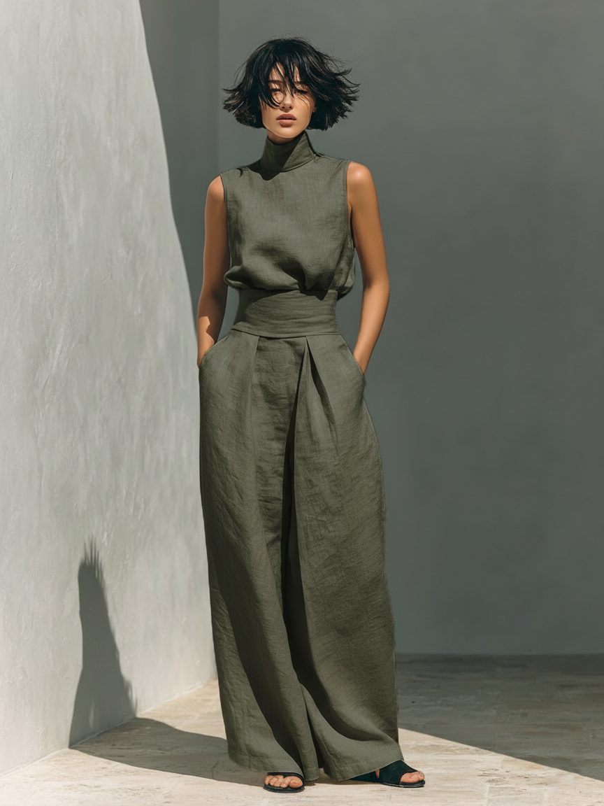 María | Conjunto minimalista de mujer en algodón y lino, con top y pantalón ancho