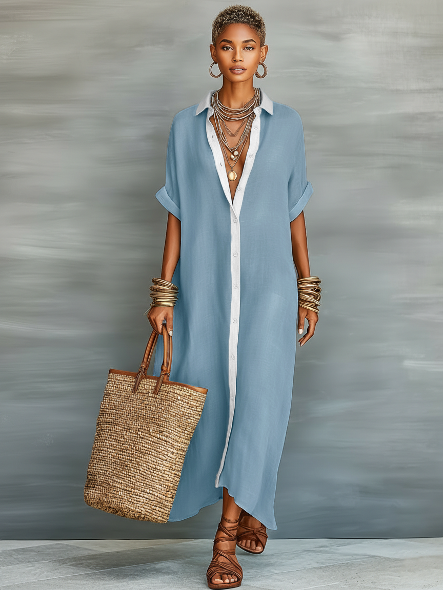 Vestido largo de mujer en mezcla de lino, estilo camisero, de manga corta y corte minimalista