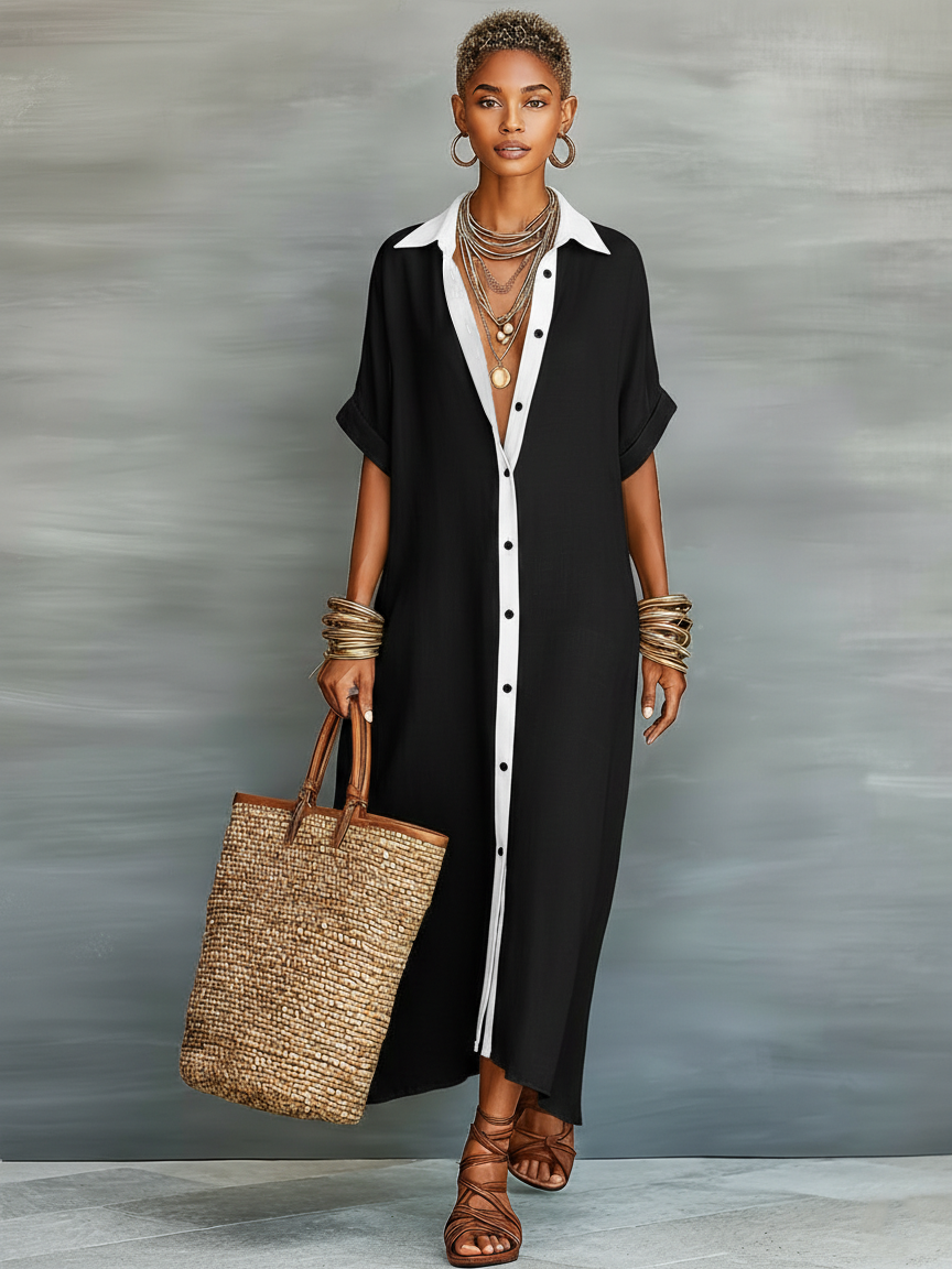 Vestido largo de mujer en mezcla de lino, estilo camisero, de manga corta y corte minimalista