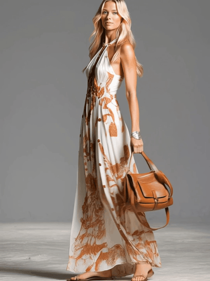 Beatrice | Vestido largo vintage bohemio con escote halter, estampado western marrón sobre gasa marfil, con aberturas