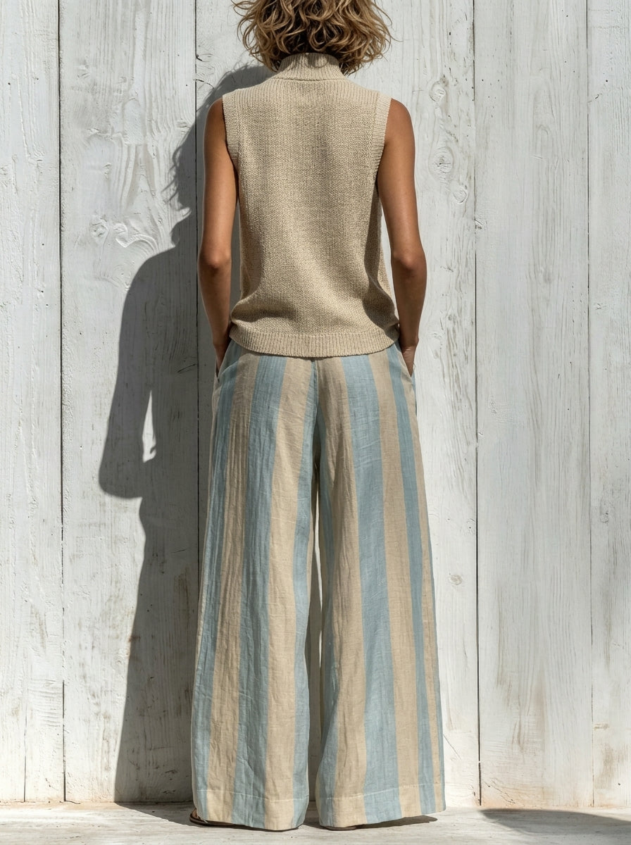 Conjunto Top Sin Mangas y Pantalón Ancho a Rayas