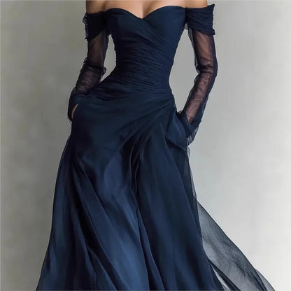 Eleonora | Vestido largo de hombros descubiertos con inserciones de malla