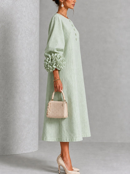 Vestido Midi Verde Salvia Místico con Botones de Flores y Mangas Florales Extravagantes