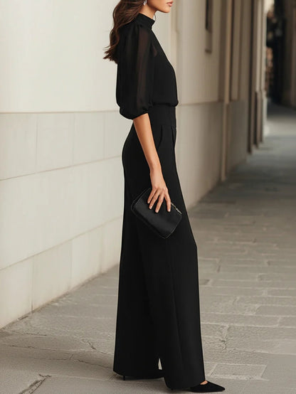 Valentina | Conjunto de tres piezas negro, compuesto por top camisole transparente y pantalón de pierna ancha