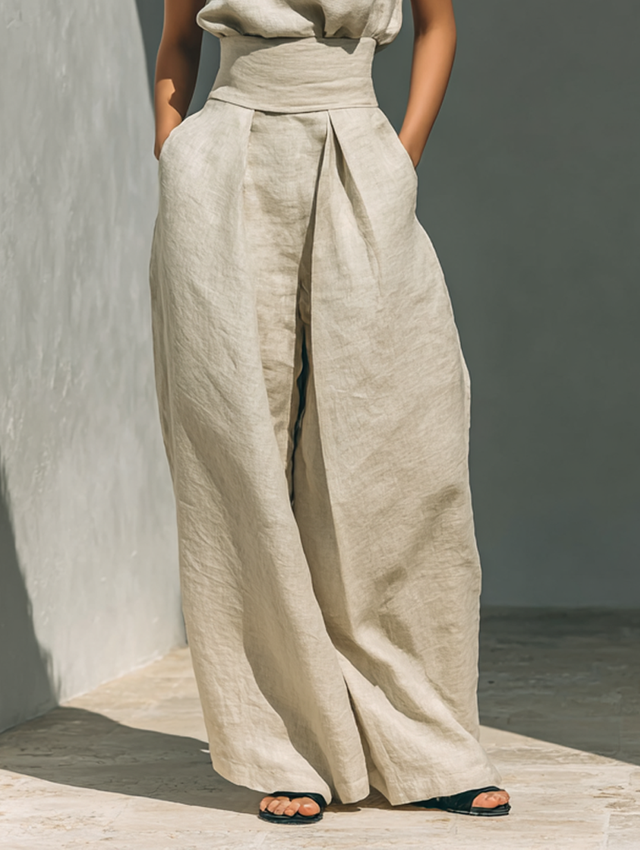 Aurora | Conjunto de top sin mangas beige en mezcla efecto algodón-lino y pantalón de pierna ancha