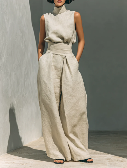 Aurora | Conjunto de top sin mangas beige en mezcla efecto algodón-lino y pantalón de pierna ancha
