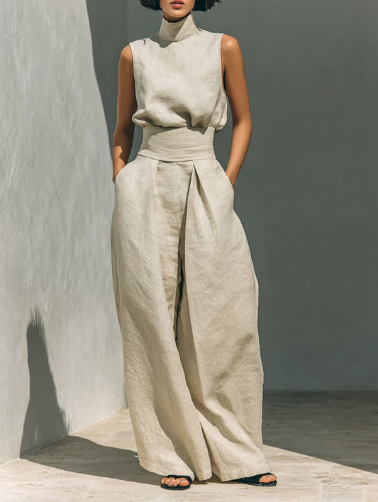 Aurora | Conjunto de top sin mangas beige en mezcla efecto algodón-lino y pantalón de pierna ancha