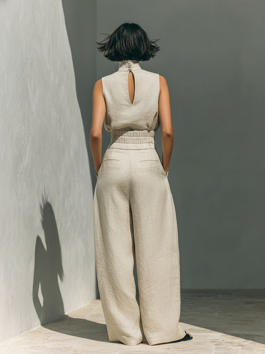 Aurora | Conjunto de top sin mangas beige en mezcla efecto algodón-lino y pantalón de pierna ancha