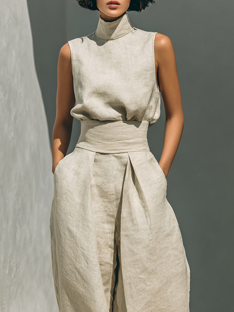 Aurora | Conjunto de top sin mangas beige en mezcla efecto algodón-lino y pantalón de pierna ancha