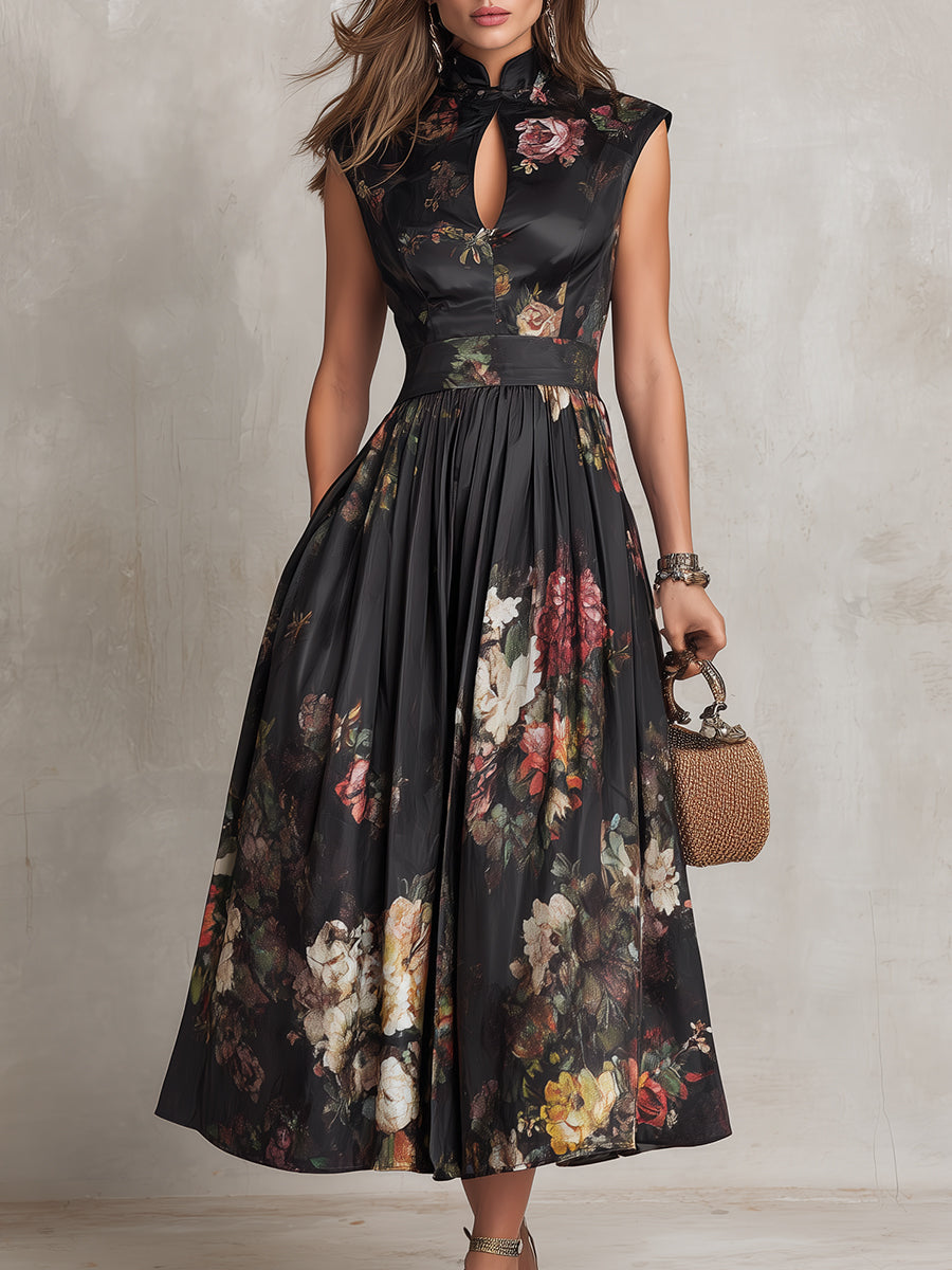 Violetta | Vestido midi negro de satén plisado con motivo floral y escote de gota