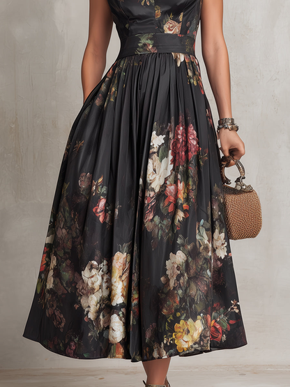 Violetta | Vestido midi negro de satén plisado con motivo floral y escote de gota
