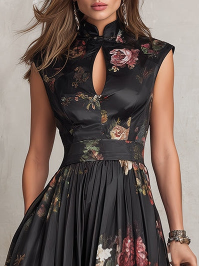 Violetta | Vestido midi negro de satén plisado con motivo floral y escote de gota