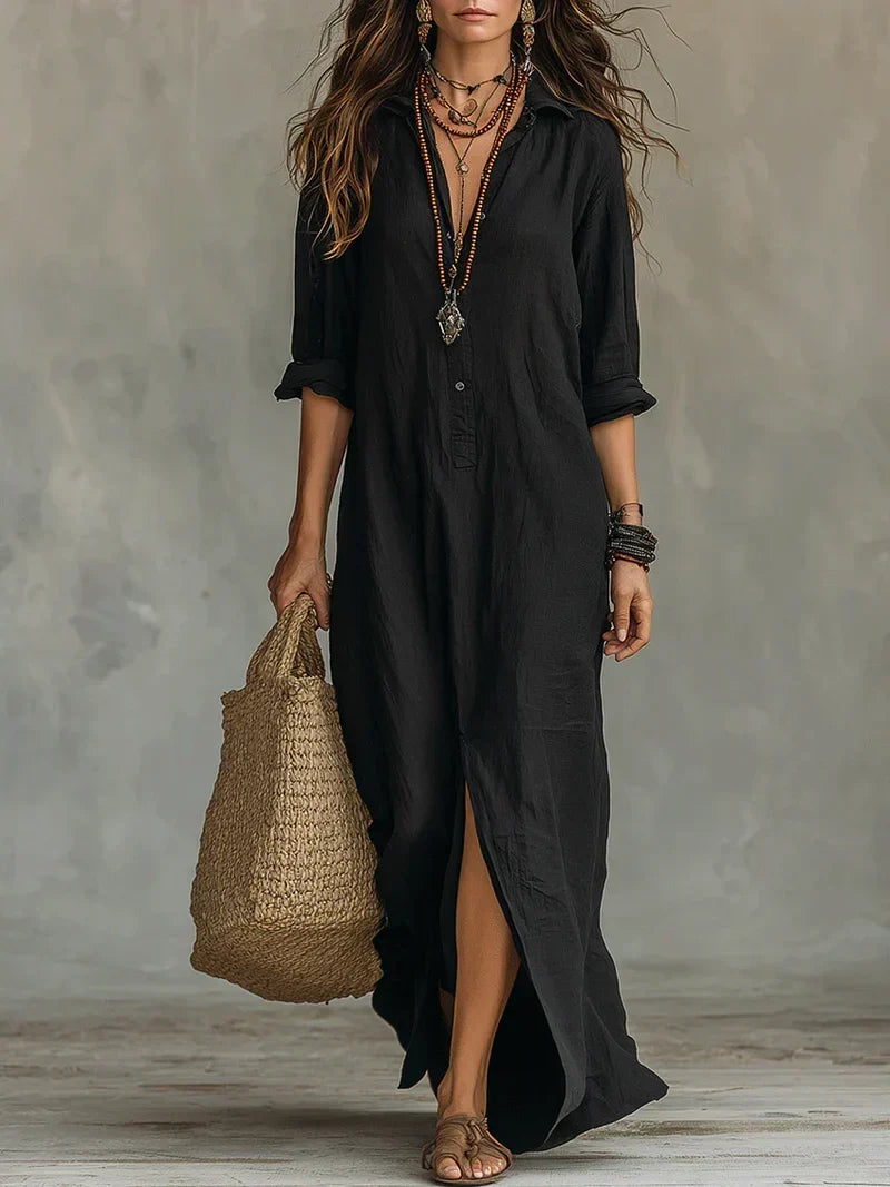 Céline™ | Vestido Maxi Negro Amplio con Botones