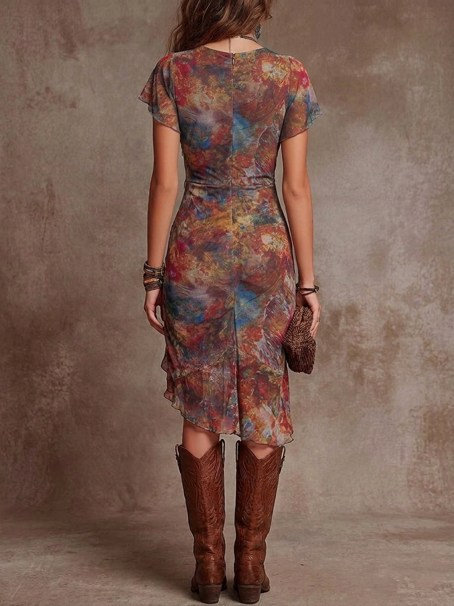 Martina | Vestido midi plisado con escote en V, con estampado artístico abstracto de estilo bohemio