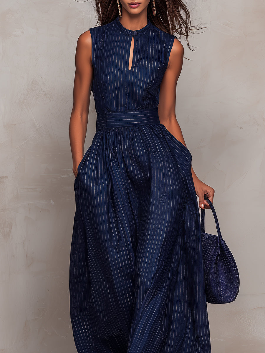 Anna | Mono azul oscuro a rayas con escote de gota y pantalón de pierna ancha