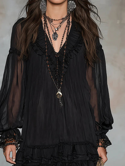 Dalia | Vestido corto negro de gasa con escote en V, mangas de farol y volantes