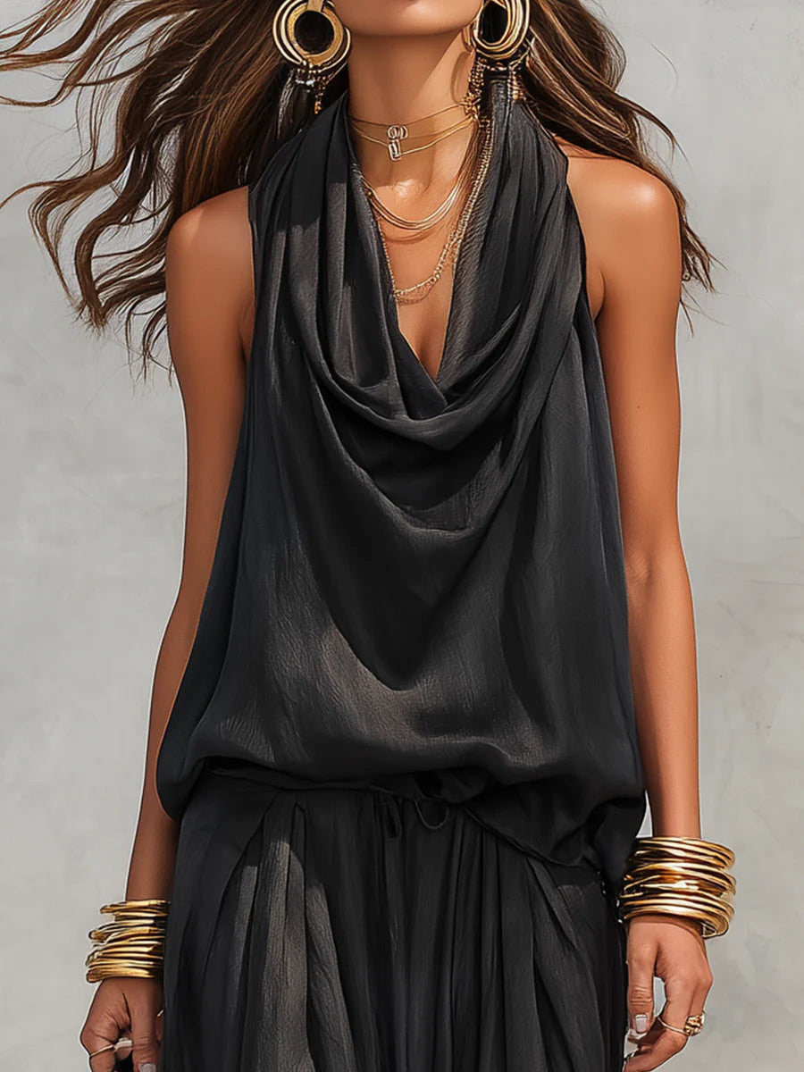 Conjunto Top Sin Mangas con Cuello Halter y Pantalón Plisado